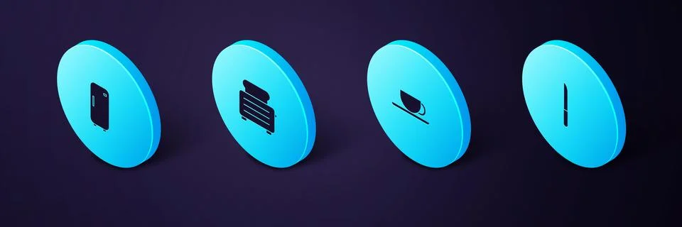 Set Isometric Knife, Coffee cup, Toaster with toasts and Refrigerator icon. V Stock Illustration