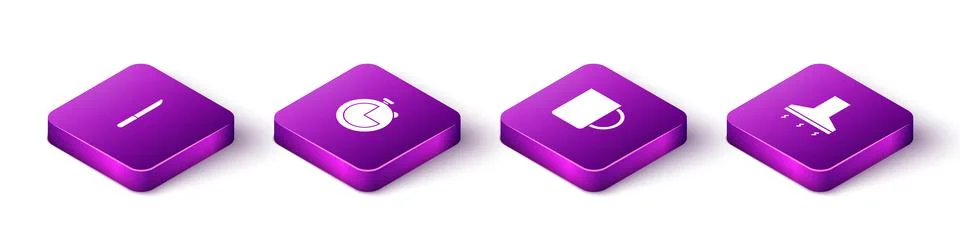 Set Isometric Knife, Kitchen timer, Coffee cup and extractor fan icon. Vector 스톡 일러스트