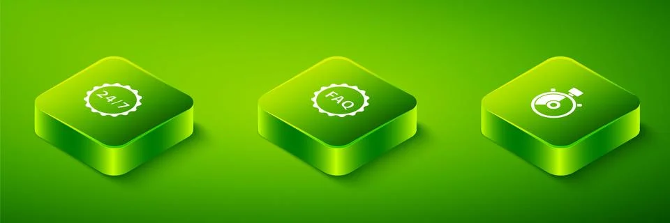 Set Isometric Label with text FAQ, Stopwatch and Clock 24 hours icon. Vector Illustrazione stock