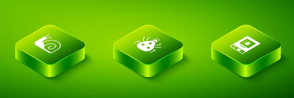 Set Isometric Ladybug, Book about insect and Snail icon. Vector 스톡 일러스트
