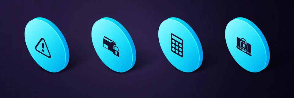 Set Isometric Laptop and lock, Password protection, Folder and Exclamation mark Stock Illustration