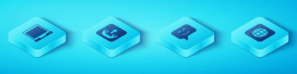 Set Isometric Laptop, Outgoing call phone, Worldwide and Smile face icon. V.. Stock Illustration