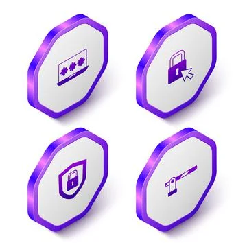 Set Isometric Laptop with password, Lock, Shield security lock and Parking car Stock Illustration