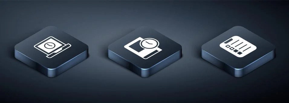 Set Isometric Laptop time, To do list or planning and Time for book icon. Vector Stock Illustration