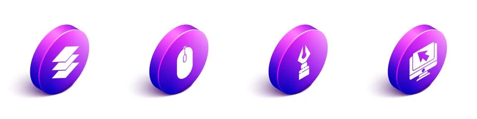 Set Isometric Layers, Computer mouse, Fountain pen nib and Computer monitor and Stock Illustration