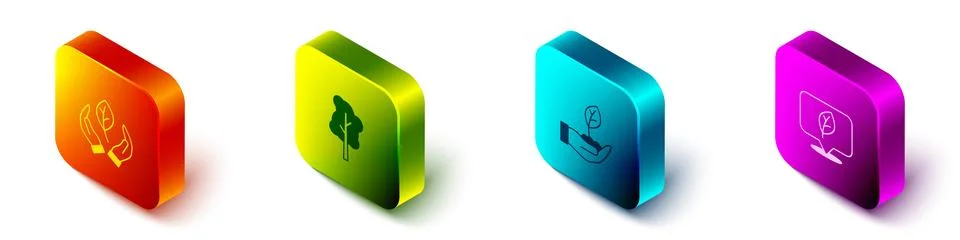 Set Isometric Leaf in hand, Tree, Plant and Location with leaf icon. Vector Stock Illustration