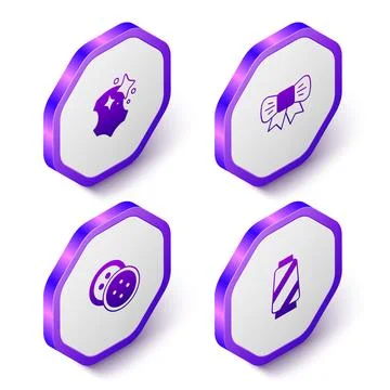 Set Isometric Leather, Gift bow, Sewing button for clothes and thread spool icon Illustrazione stock