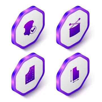 Set Isometric Leather, Knitting needles, Sewing pattern and icon. Purple hexagon Illustrazione stock