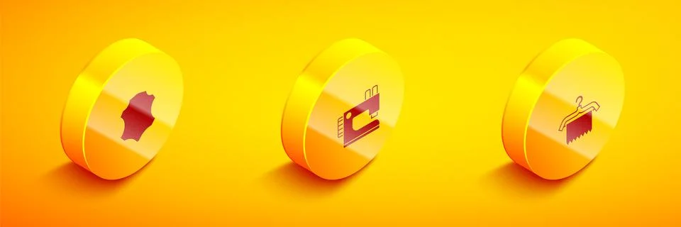 Set Isometric Leather, Sewing machine and Hanger wardrobe icon. Vector Stock Illustration