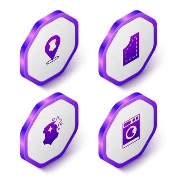 Set Isometric Leather, Sewing pattern, and Washer icon. Purple hexagon button Illustrazione stock
