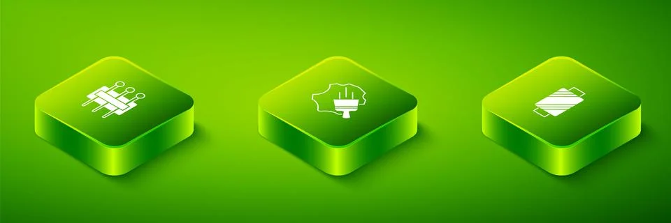Set Isometric Leather, Sewing thread on spool and Needle for sewing icon. Vector Stock Illustration