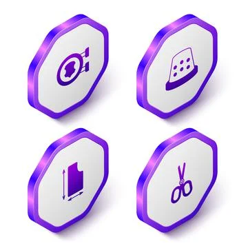 Set Isometric Leather, Thimble for sewing, Sewing pattern and Scissors icon Stock Illustration