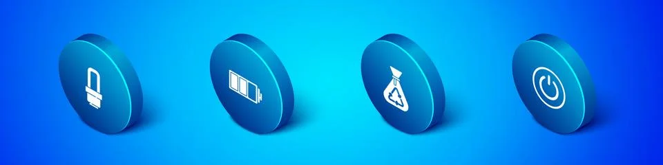 Set Isometric LED light bulb, Garbage bag with recycle, Power button and Battery Ilustración de archivo