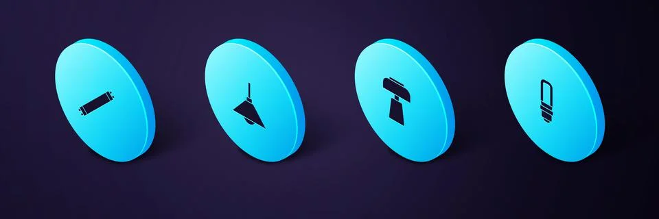 Set Isometric LED light bulb, Table lamp, Lamp hanging and Fluorescent icon Stock Illustration