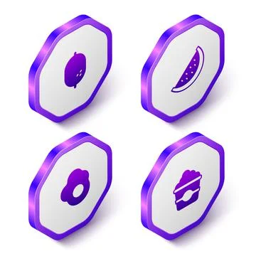 Set Isometric Lemon, Watermelon, Scrambled egg and Popcorn in cardboard box icon Illustration