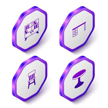 Set Isometric Library bookshelf, Office desk, Chair and Round table icon. Purple Illustrazione stock