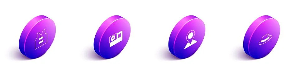 Set Isometric Life jacket, Action camera, Location and Man hat with ribbon icon 库存插图