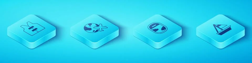 Set Isometric Life jacket, Globe with flying plane, Yacht sailboat and Airplane 库存插图