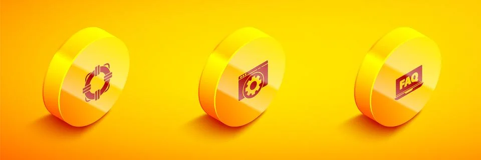 Set Isometric Lifebuoy, Browser setting and Laptop and FAQ icon. Vector Stock Illustration