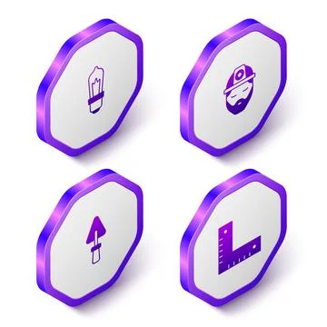 Set Isometric Light bulb, Builder, Trowel and Corner ruler icon. Purple hexagon Stock Illustration