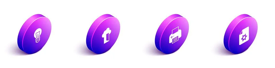 Set Isometric Light bulb, Cloud database, Printer and Document settings icon Stockillustratie