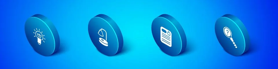 Set Isometric Light bulb, Dossier folder, Unknown search and Table lamp ico.. Stock Illustration