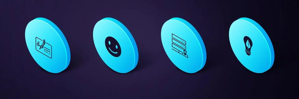 Set Isometric Light bulb with leaf, Customer care server, Smile face and Sign Stock-Illustration