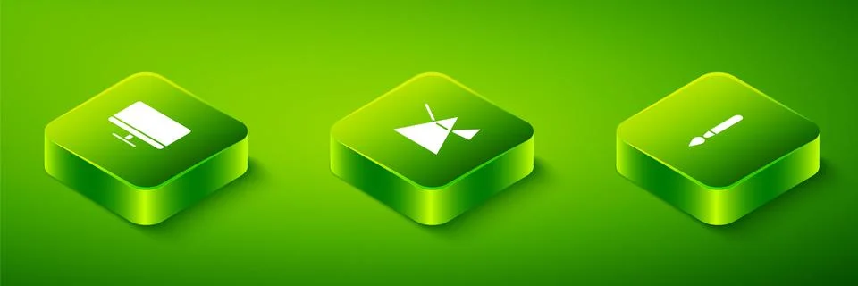 Set Isometric Light rays in prism, Paint brush and Computer monitor screen icon Stock Illustration
