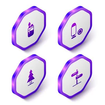 Set Isometric Lighter, Bullet, Tree and Road traffic sign icon. Purple hexagon Stock Illustration