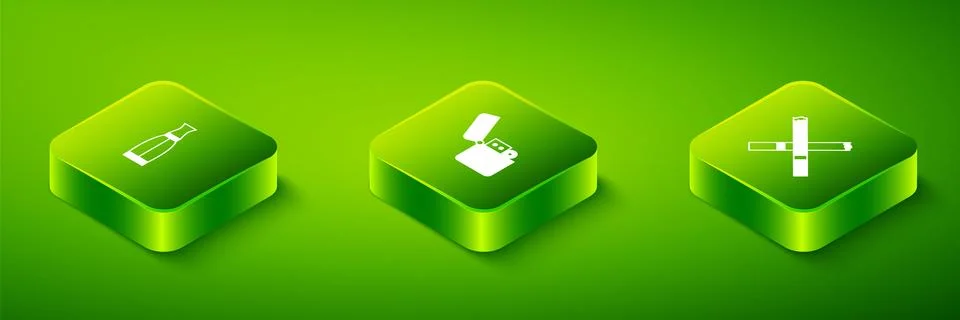 Set Isometric Lighter, Cigarette and Vape liquid bottle icon. Vector Stock Illustration