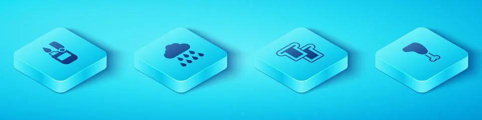 Set Isometric Lighter, Cloud with rain, Chicken leg and Bread toast icon. Vec Stockillustratie