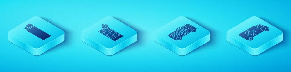 Set Isometric Lighter, Fire in burning building, Ambulance and emergency car and Ilustración de archivo