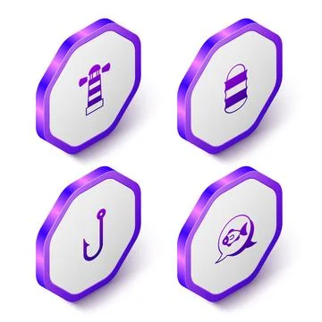 Set Isometric Lighthouse, Fishing net, hook and icon. Purple hexagon button Stock Illustration