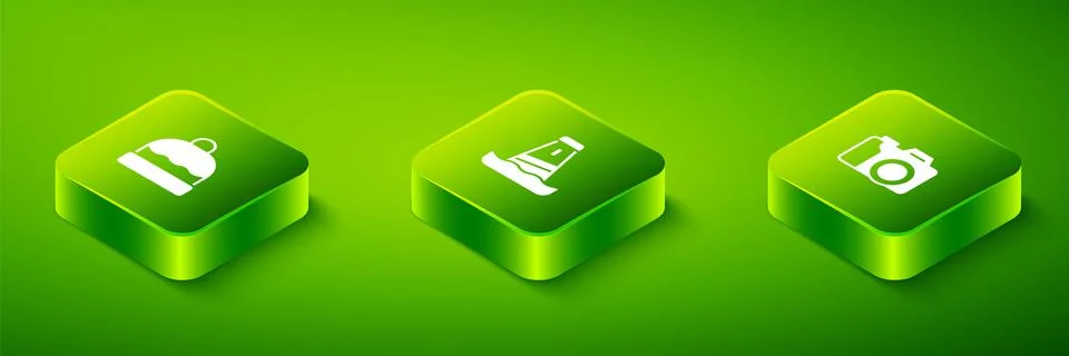 Set Isometric Lighthouse, Photo camera and Beanie hat icon. Vector Stock Illustration