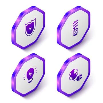 Set Isometric Lightning and shield, LED light bulb, Creative lamp idea and Stock Illustration