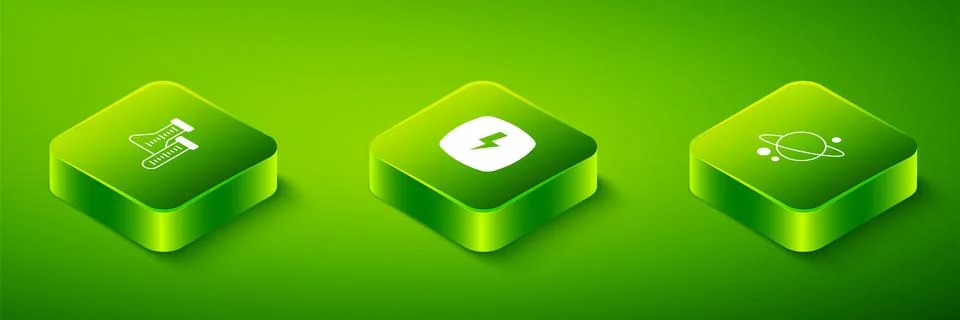 Set Isometric Lightning bolt, Planet Saturn and Test tube icon. Vector Stock Illustration