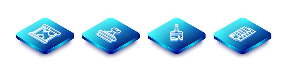 Set Isometric line 3D printer, Stamp, Paint brush and Pantone icon. Vector Stock Illustration