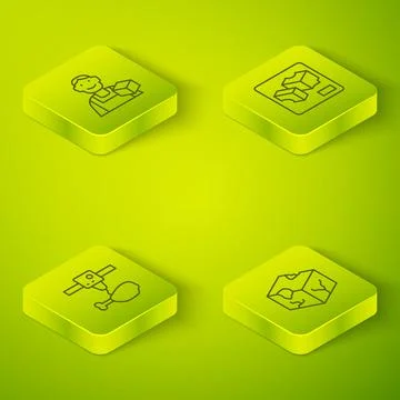 Set Isometric line 3D printer, chicken leg, Isometric cube and Graphic designer Stock Illustration