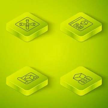 Set Isometric line 3D printer, Graphing paper for engineering, services and Stock Illustration