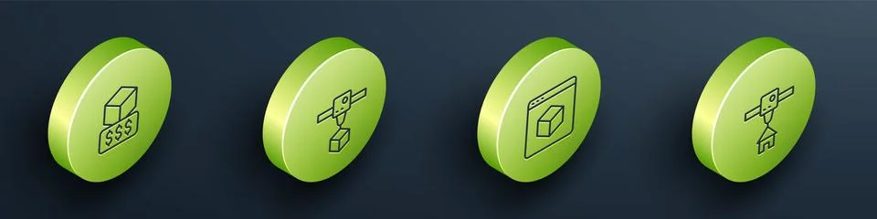 Set Isometric line 3D printer services, cube, and house icon. Vector 스톡 일러스트