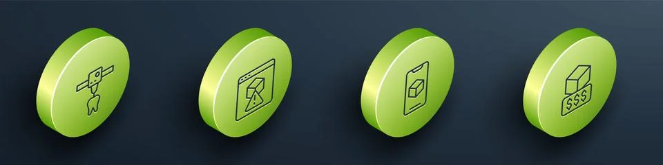 Set Isometric line 3D printer tooth, , software and services icon. Vector Stock Illustration