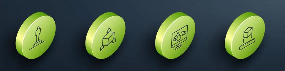 Set Isometric line 3D printer model, Isometric cube, software and icon. Vector Ilustração Stock