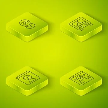 Set Isometric line 3D printer, , setting and Isometric cube icon. Vector Stock Illustration
