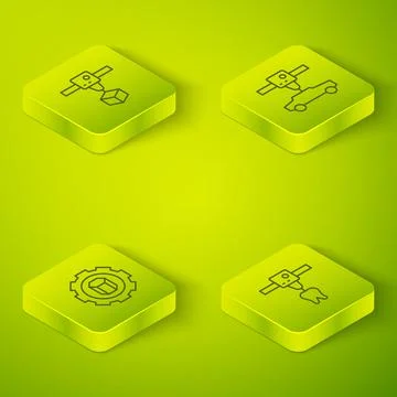 Set Isometric line 3D printer car, setting, tooth and cube icon. Vector Stock Illustration