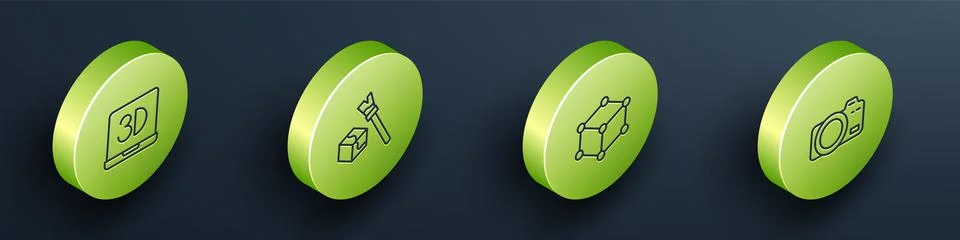 Set Isometric line 3D printer, Isometric cube, and Photo camera icon. Vector Stock Illustration