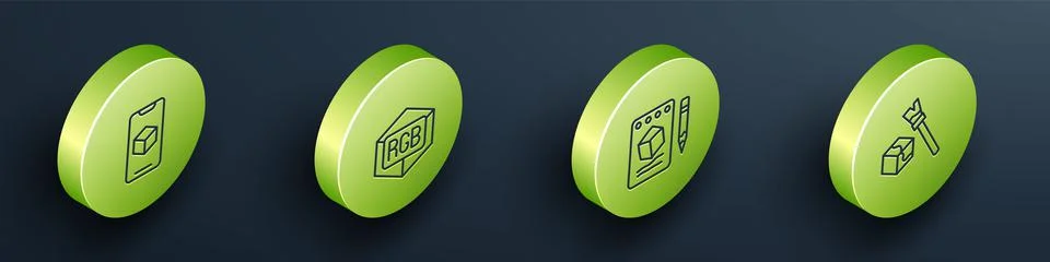 Set Isometric line 3D printer software, RGB and CMYK color mixing, Sketch on Stock Illustration