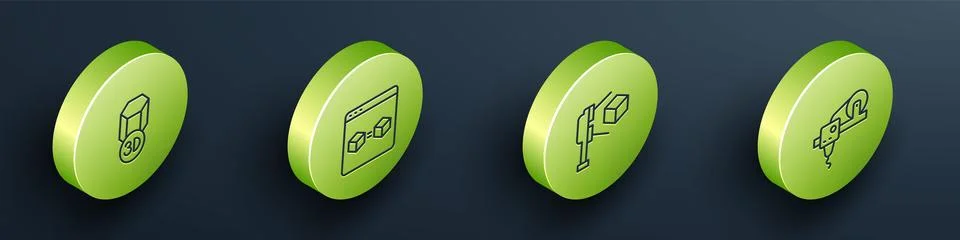 Set Isometric line 3D printer, perfect copy, scanner with cube and icon. Vector Stock Illustration