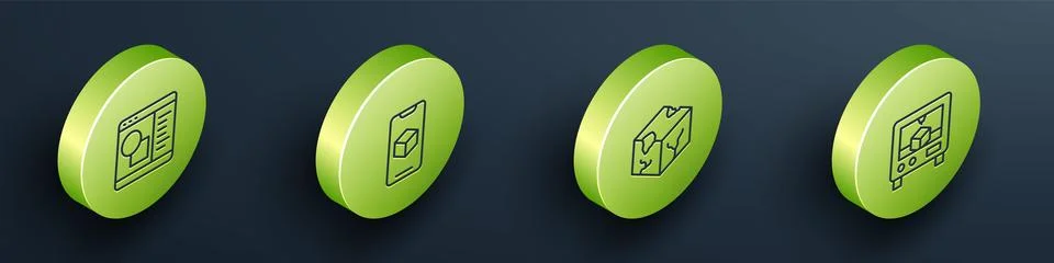 Set Isometric line 3D printer software, , Isometric cube and icon. Vector Ilustração Stock