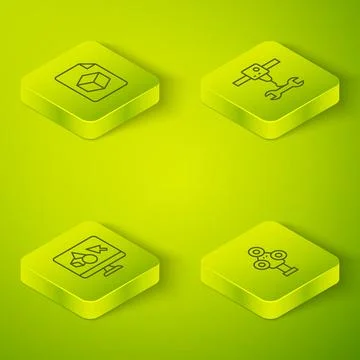 Set Isometric line 3D printer wrench spanner, software, scanner and Isometric Ilustração Stock