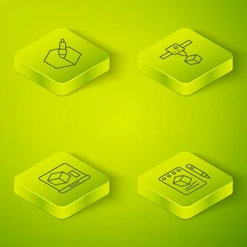 Set Isometric line 3D printer cube, , Sketch on paper and 3d pen tool icon... Stock Illustration